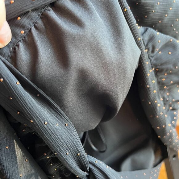 ELLE Blouse Dot Details Sheer Sleeves Scoop Neckline Tie Hem Black & Bronze L - Picture 8 of 14